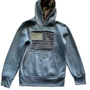 Mossy Oak Boys Camo American Flag Cutout Distressed Gray Hoodie Size Boys 10